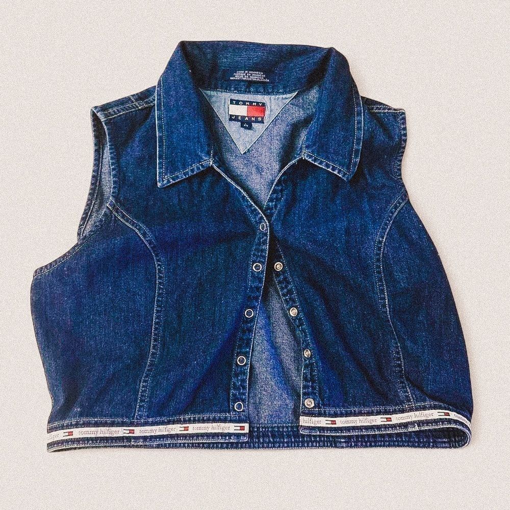Vtg y2k Tommy jeans denim sleeveless snap button dark wash jean kids sz 6 Large